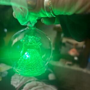 LED Lit Christmas Tree Ornament Round Blown Glass Center Reindeer Multi Color